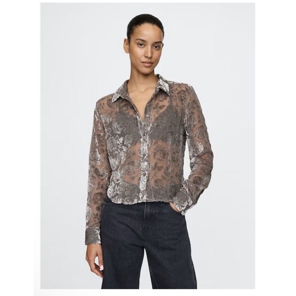 Gap Shirt Women XS Velvet Sheer Cropped Button Up Burnout Floral 90s Phoebe